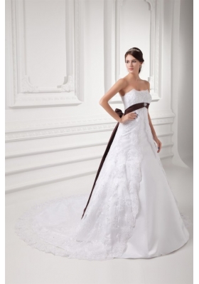 Discount A-line Strapless Court Train Wedding Dress with Sash