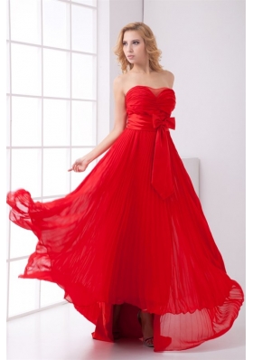 Elegant Strapless Red Empire Pleat Chiffon Prom Dress with Bowknot