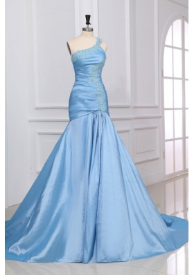 Light Blue Mermaid One Shoulder Prom Dress with Appliques