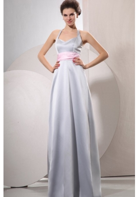 Silver Empire Halter Top Prom Dress with Baby Pink Belt