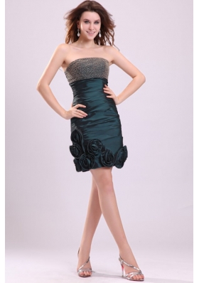 Dark Green Column Strapless Prom Dress with Beading and Flowers