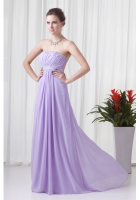 Elegant Empire Strapless Court Train Beading Lavender Prom Dress with Backless