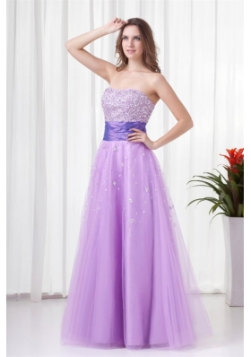 Lovely A-line Strapless Tulle Lilac Beading Prom Dress with Lace Up