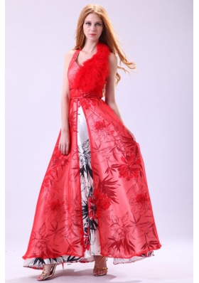 Red Empire Halter Long Beading Chiffon 2014 Prom Dress