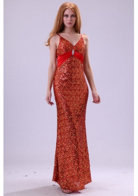 Sexy Column Straps Floor-length Red Sequins Prom Dress with Paillette