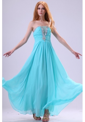 Strapless Beaded Decorate Ankle-length Chiffon Prom Dress in Aqua Blue