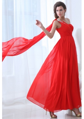 Elegant Empire One Shoulder Red Watteau Train Prom Dress with Beading