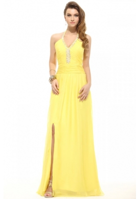 Empire Light Yellow Halter Top High Slit Beading Chiffon Prom Dress