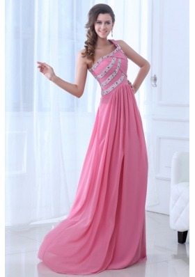 Empire One Shoulder Rose Pink Ruching Beading Chiffon Prom Dress