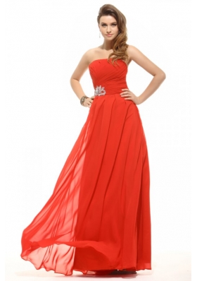 Empire Orange Red Strapless Beading Ruching Prom Dress
