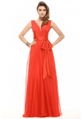 Empire Organe Red V-neck Ruching Chiffon Prom Dress