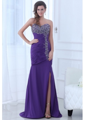 Mermaid Eggplant Purple Sweetheart High Slit Beading Chiffon Prom Dress