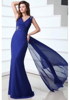 Mermaid Royal Blue V-neck Beading and Ruching Prom Dress