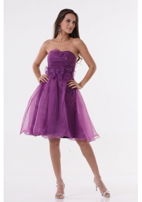 A-line Purple Strapless Appliques Organza Knee-length Prom Dress