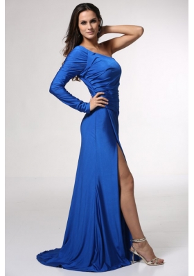 Blue Long Sleeve One Shoulder Prom Dress with High Slit