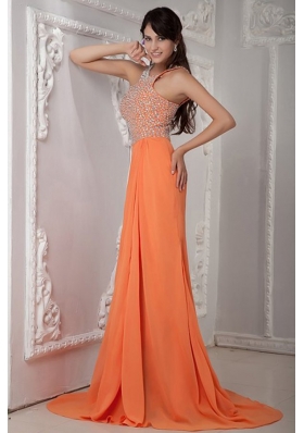 Empire Orange Scoop Beading Chiffon Brush Train Prom Dress