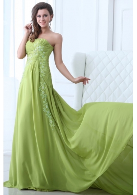 Empire Strapless Spring Green Appliques and Ruching Prom Dress