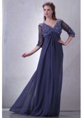 Empire V-neck Chiffon Appliques with Beading Prom Dress with 3/4 Sleeves