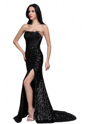 Column Black Strapless Sequins High Slit Brush Train Prom Dress