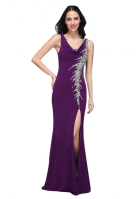 Column V-neck Purple Beading High Slit Chiffon Floor-length Prom Dress