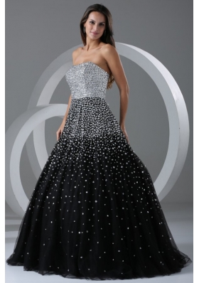 Black Ball Gown Strapless Prom Dress with Beading and Sequins