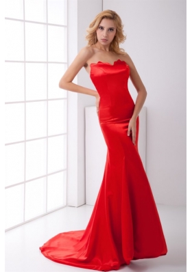 Column Sweetheart Red Brush Train Ruching Prom Dress
