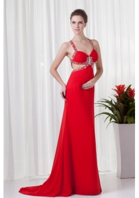 Red Column Straps Brush Train Chiffon Beading Criss Cross Prom Dress
