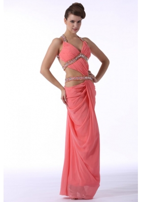 Watermelon Red Halter Top Sexy Prom Dress with Beading