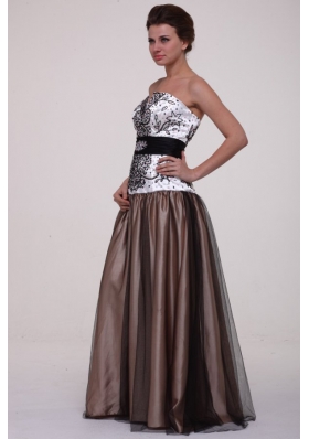 White and Brown A-line Strapless Prom Dress with Beading