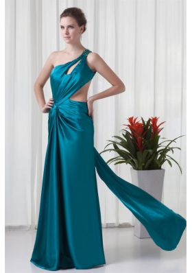 Column One Shulder Teal Ruching Elastic Woven Satin Prom Dress with Criss Cross