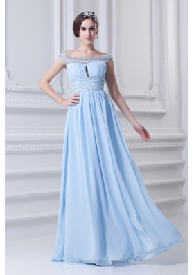 Light Blue Off The Shoulder Empire Chiffon Prom Dress with Beading and Ruching