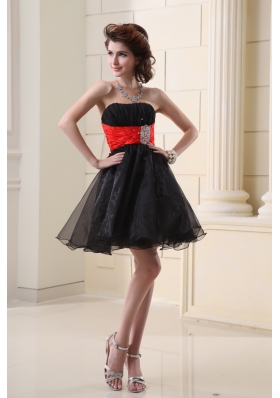 A-line Strapless Organza Black Mini-length Prom Dress with Beading and Ruching