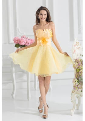 A-line Yellow Strapless Hand Made Flower Organza Prom Dress