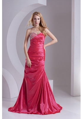 Column Sweetheart Taffeta Beading Ruching Coral Red Prom Dress