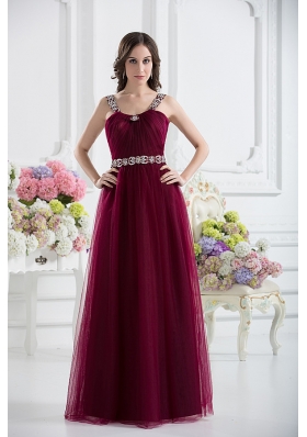 Wine Red Straps Empire Ruching and Beading Prom Dress with Belt