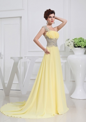 Empire Court Train Yellow Beading One Shoulder Prom Dress