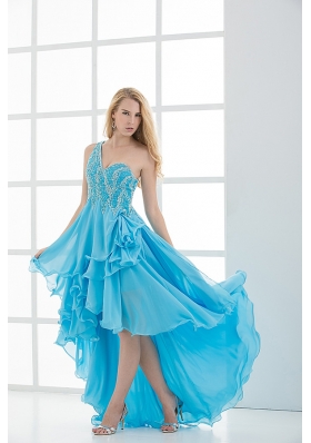 Empire One shoulder High-low Beading Baby Blue Prom Dress
