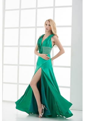 Empire V-neck Sleeveless Ruching High Slit Prom Dress
