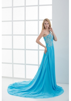 Sky Blue Beading and Ruching Empire One Shoulder Prom Dress with Court Train