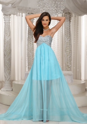 Special Design Sweetheart Beading Aque Blue Prom Dress with Brush Train