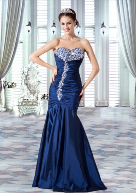 Taffeta Navy Blue Sweetheart Mermaid Prom Dress with Ruching and Beading