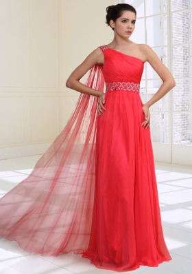 Gorgeous Empire Beading One Shoulder Prom Dress in Coral Red