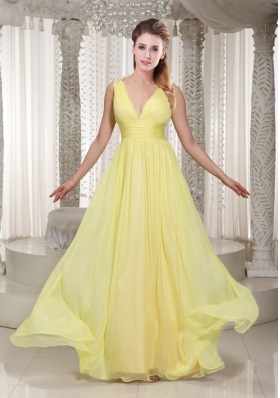 Latest Light Yellow V Neck Chiffon Prom Dress with Beading and Straps