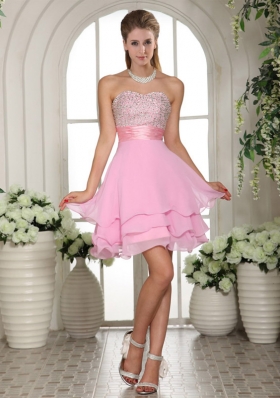 Sweetheart Beaded Baby Pink Pretty Prom Dress with Sashes