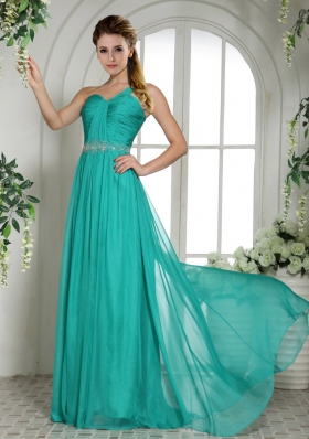One Shoulder Turquoise Chiffon Brush Train Prom Dress With Ruching and Beading