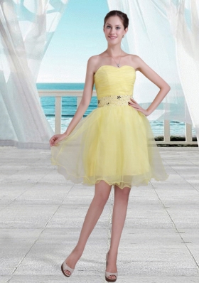 Yellow Princess Sweetheart Short Prom Dress with Beading and Ruching