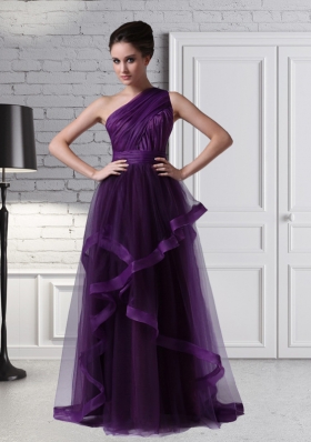 One Shoulder Tulle Empire Purple Ruching Romantic Prom Dress