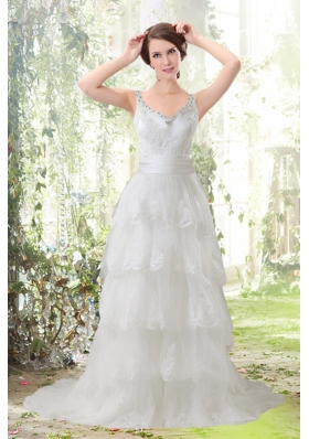 Lace Column Scoop Ruffled Layers Wedding Dresses with Brush Train