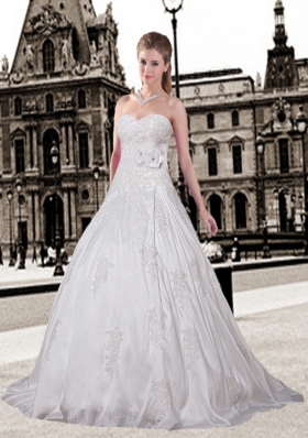 Elegant A Line Sweetheart Court Train Wedding Dresses with Appliques