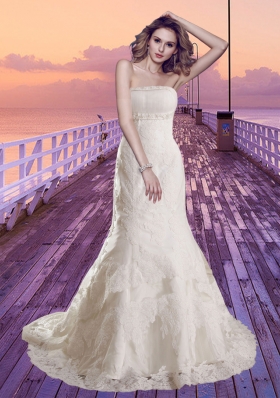 2014 Mermaid Strapless Lace Beading Wedding Dress with Chapel Train